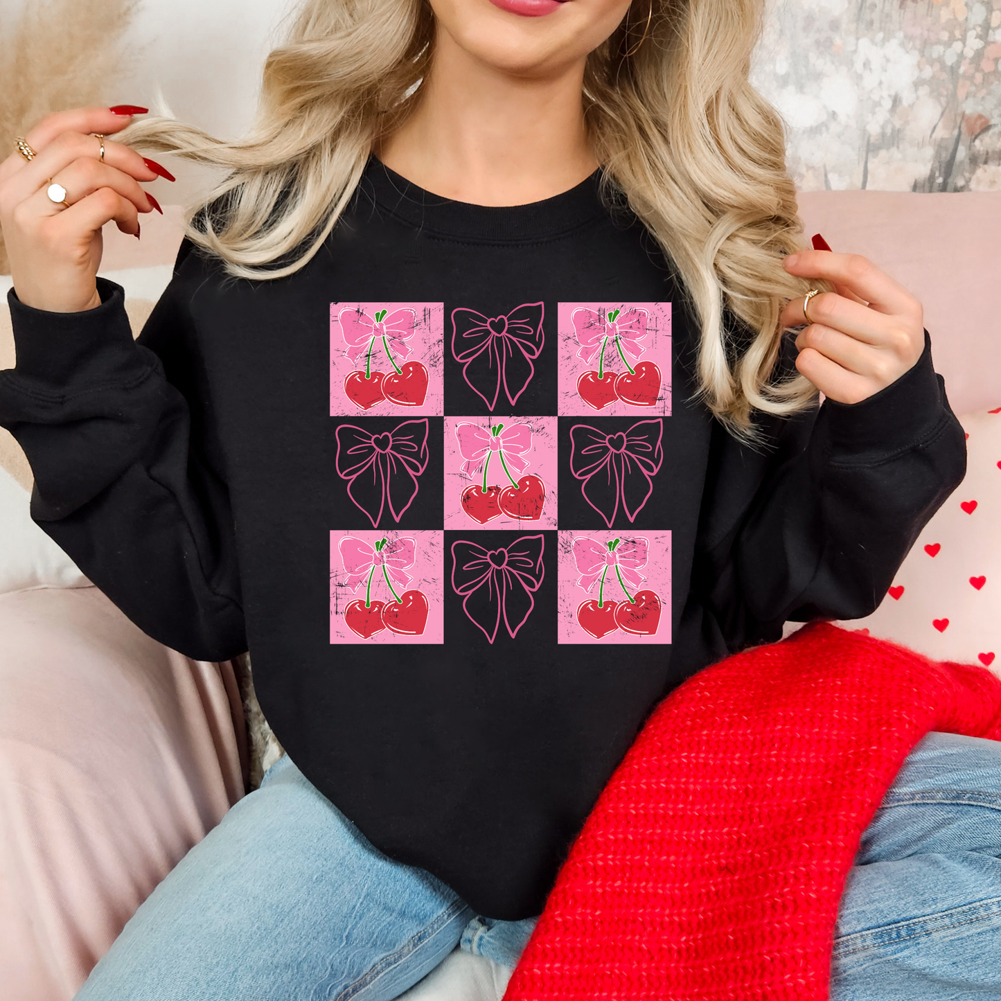 Cherries & Outlined Bows Checkered