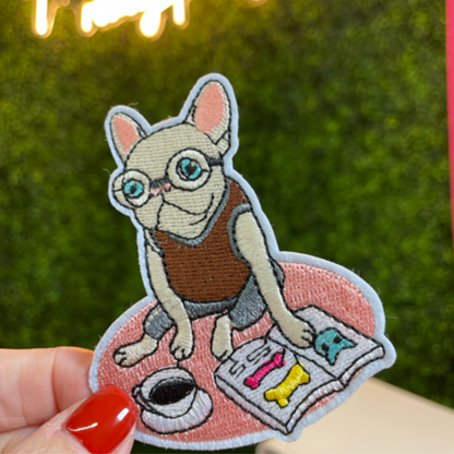 French Bulldog Reading Embroidered Patch