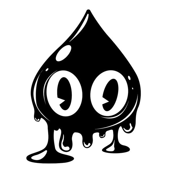 Out of ink logo named "Goopy" which is a cartoon depiction of an ink blot with eyes