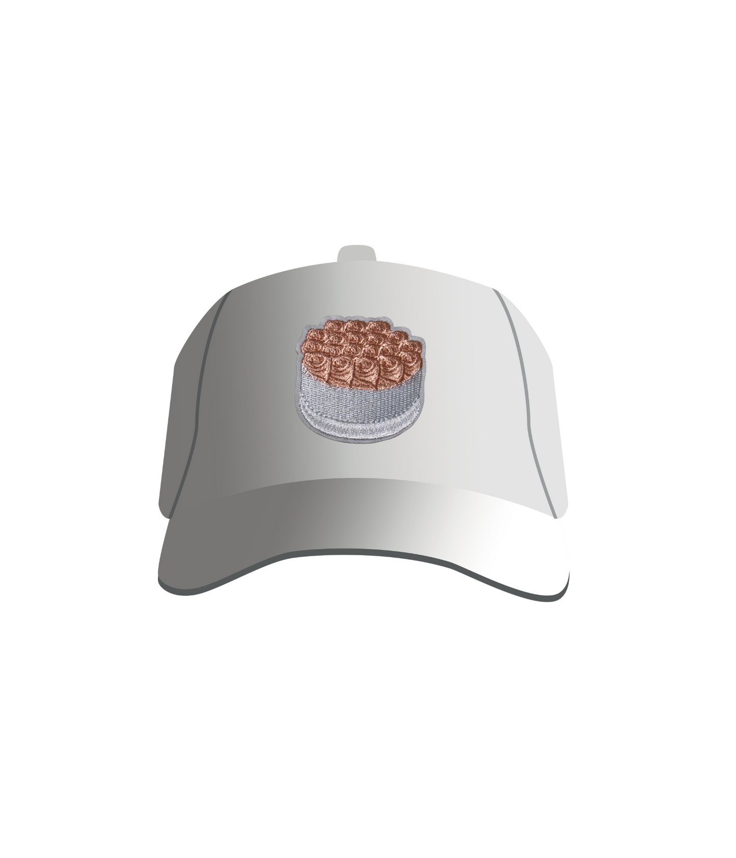A white baseball cap with a patch featuring a bundle of roses embroidered in pink and white.