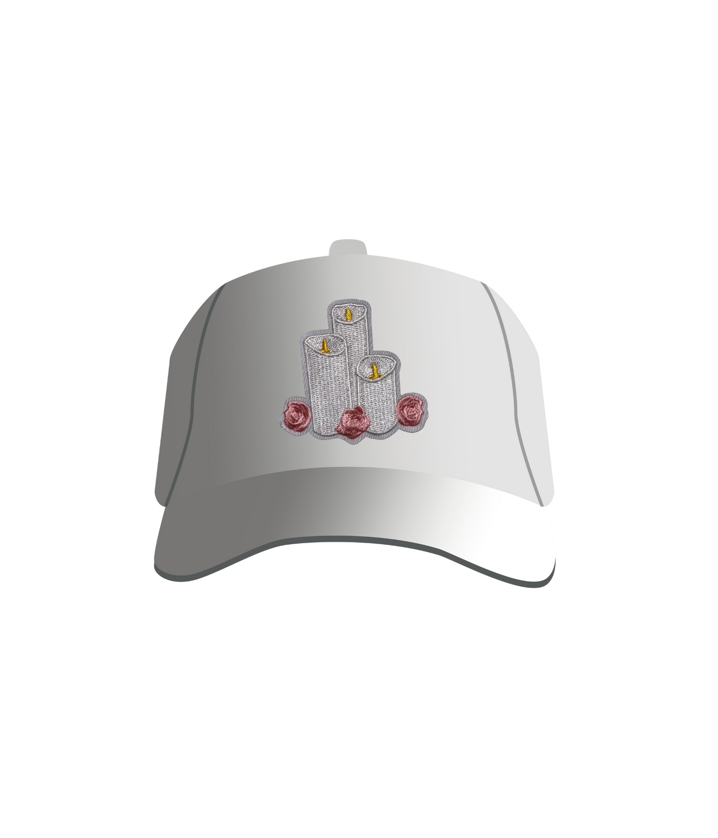 A white baseball cap with an iron-on patch featuring candles and roses design on the front.