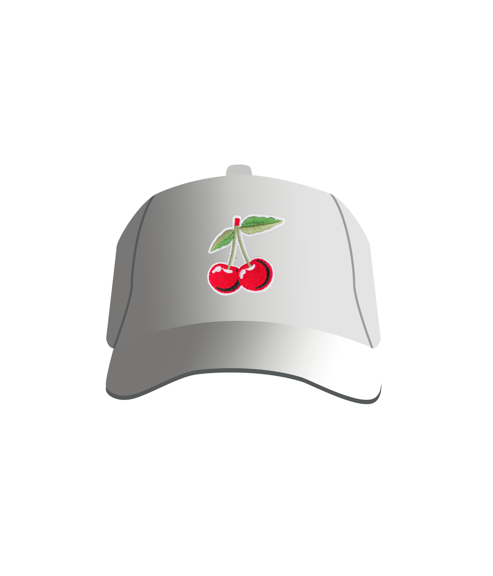 A white hat graphic with a patch on the front depicting a pair of cherries