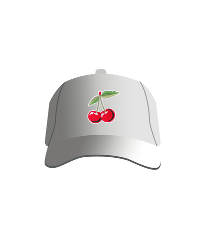 A white hat graphic with a patch on the front depicting a pair of cherries