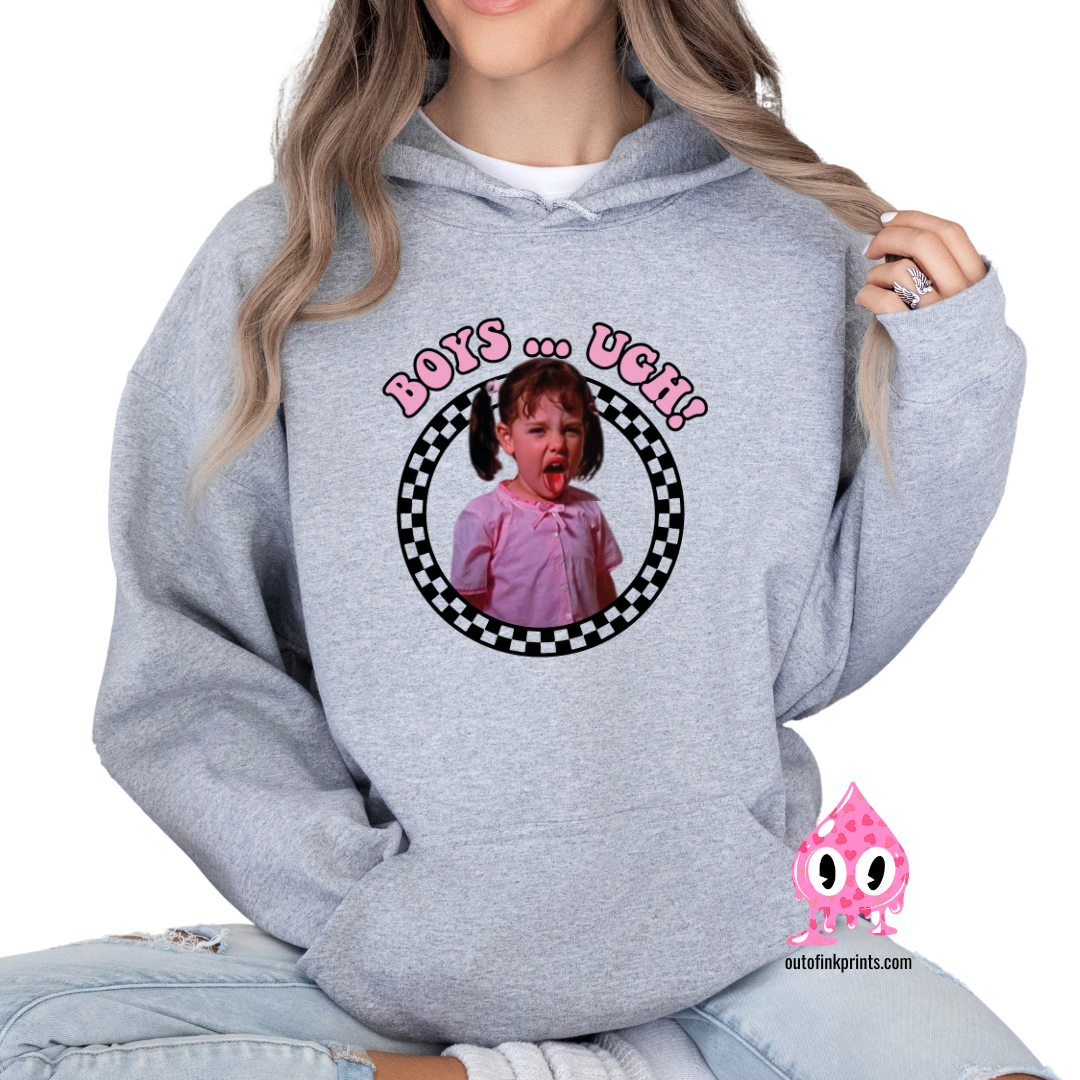 Front view of a gray hoodie with Darla saying Boys...ugh