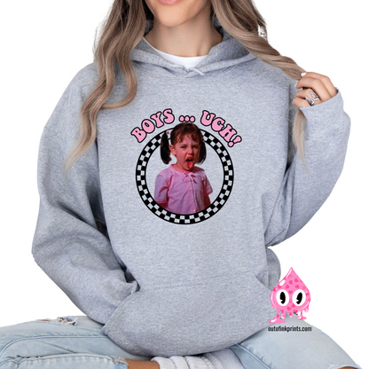 Front view of a gray hoodie with Darla saying Boys...ugh