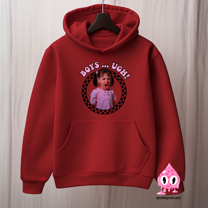 Front view of a red hoodie with Darla saying Boys...ugh