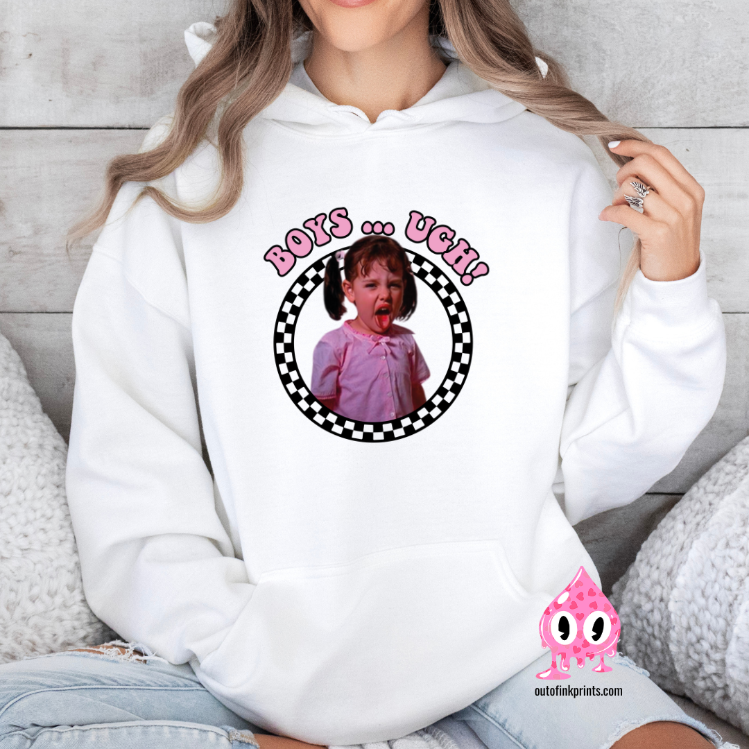 Front view of a white hoodie with Darla saying Boys...ugh