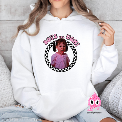 Front view of a white hoodie with Darla saying Boys...ugh