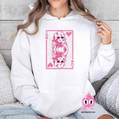 Front view of white sweatshirt with a queen of hearts card and Dolly's face