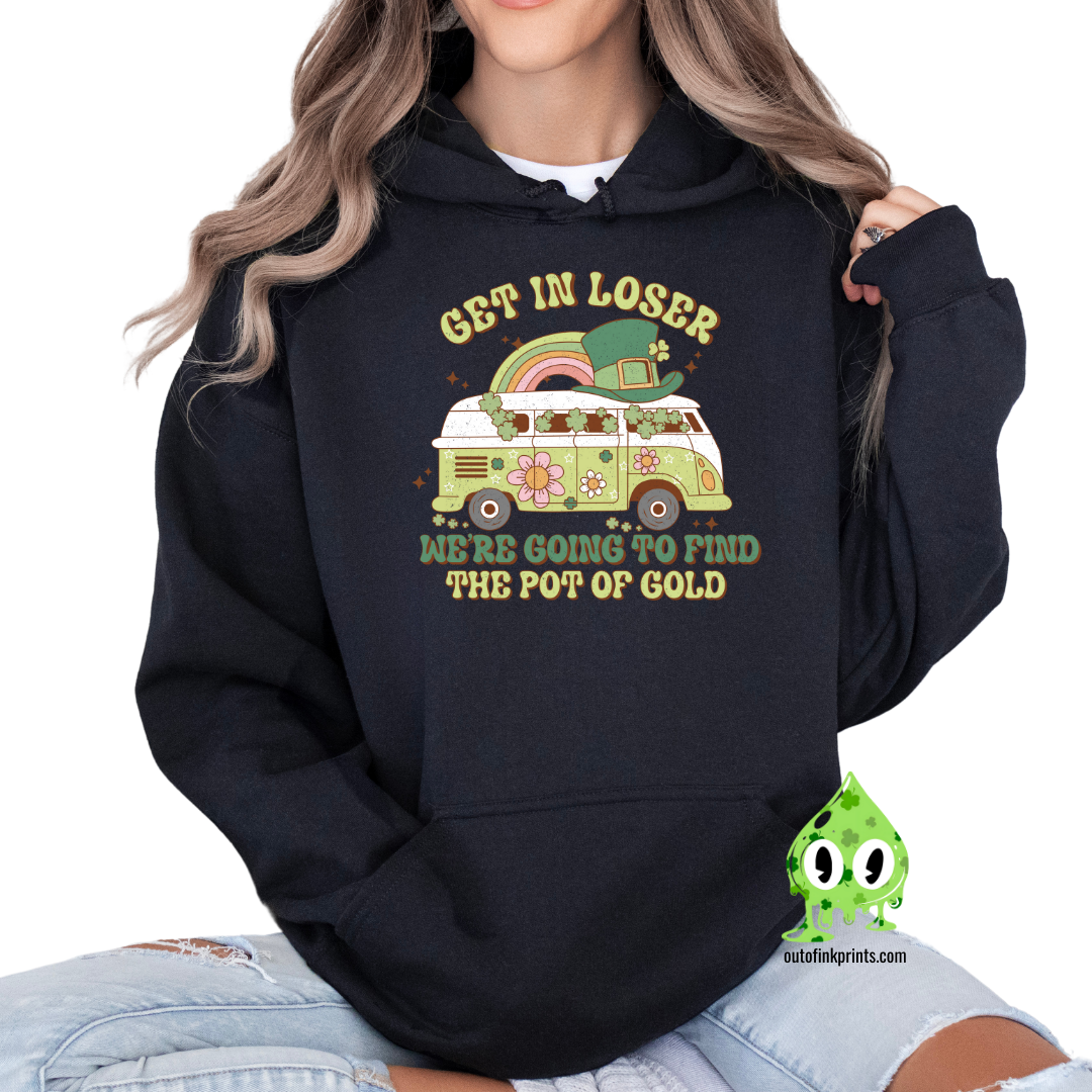 Front view of a black hoodie with a graphic that includes a green four-leaf clover and text related to St. Patrick's Day festivities.