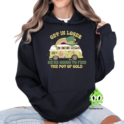Front view of a black hoodie with a graphic that includes a green four-leaf clover and text related to St. Patrick's Day festivities.