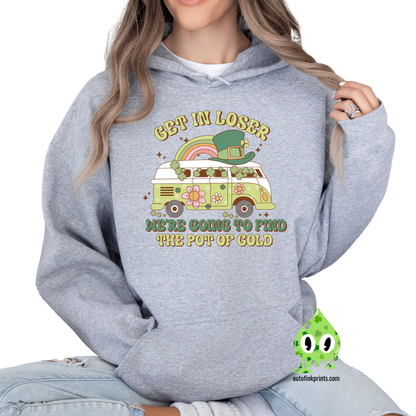 Front view of a gray hoodie with a graphic that includes a green four-leaf clover and text related to St. Patrick's Day festivities.