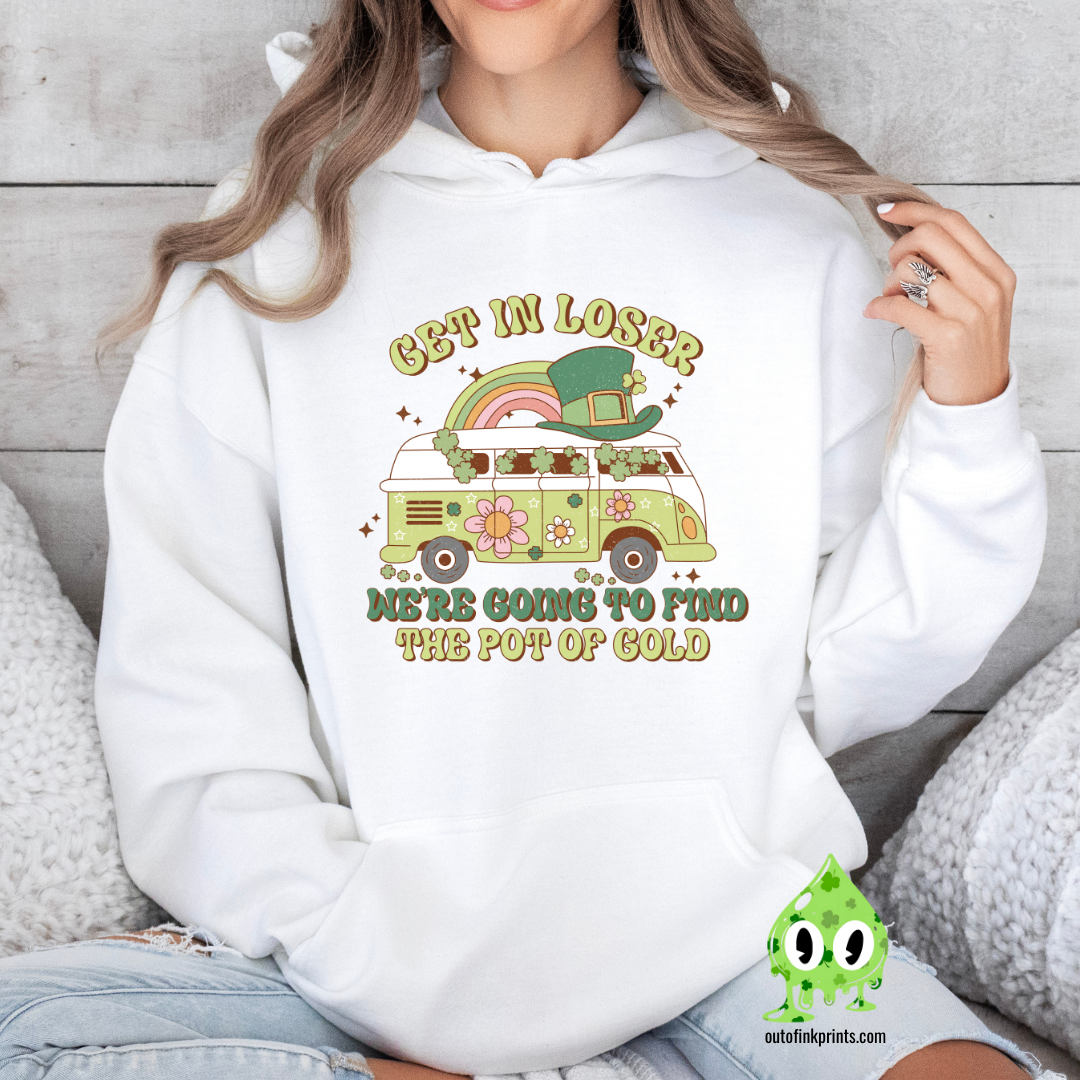 Front view of a white hoodie with text and graphic design featuring Irish themes and a van.