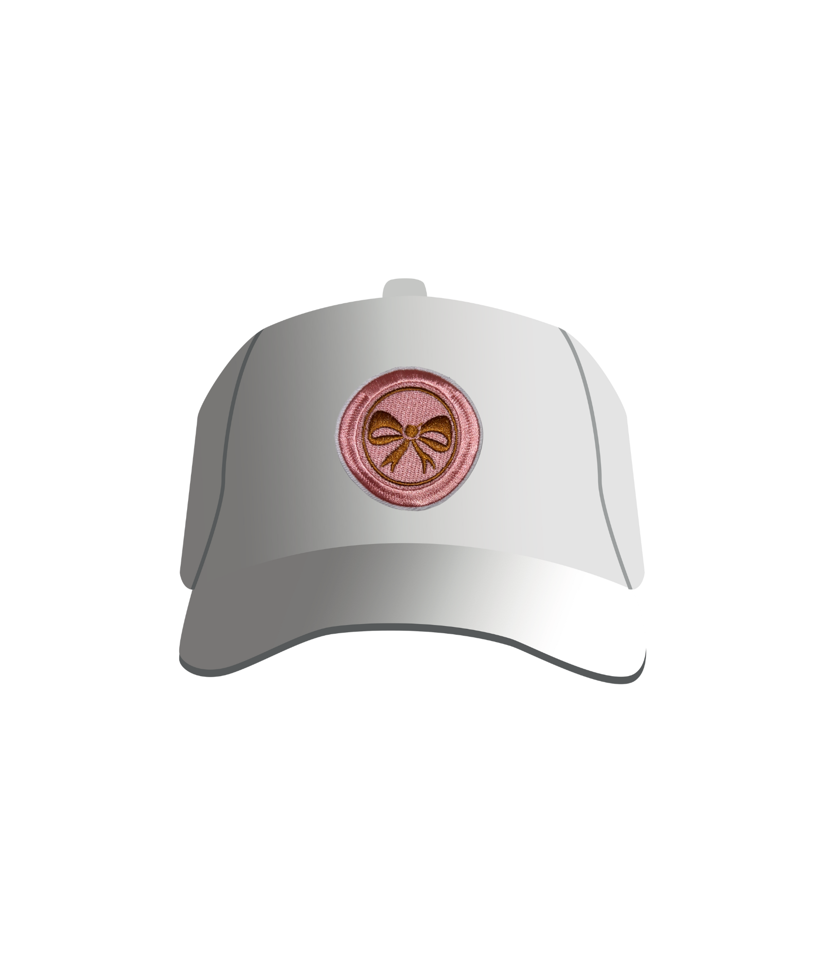 A white baseball cap with a pink embroidered patch featuring a gold bow circle design on the front.