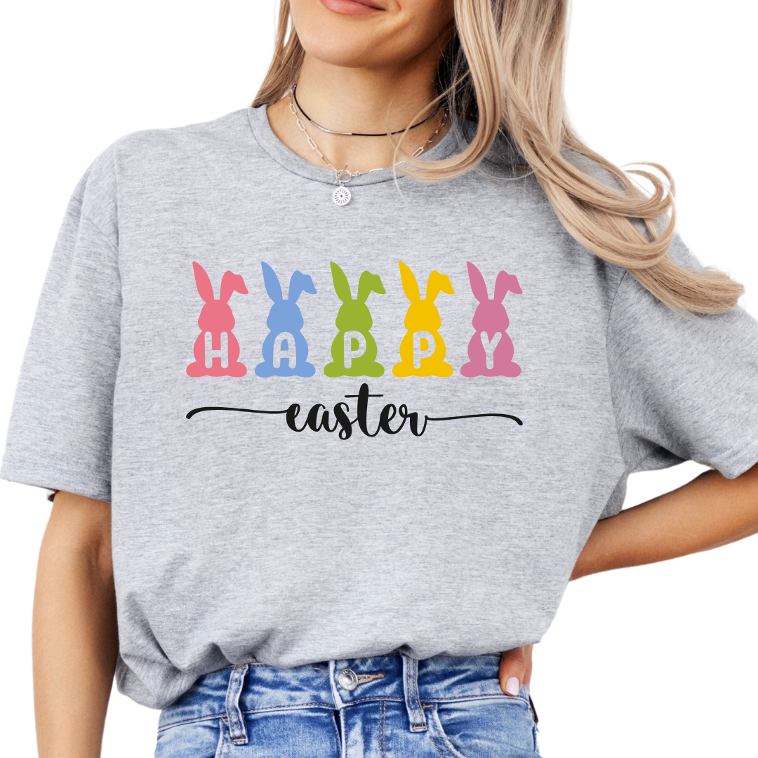 Front view of grey Happy Easter Bunny T‑shirt with pastel bunny graphic