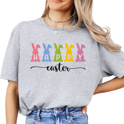 Front view of grey Happy Easter Bunny T‑shirt with pastel bunny graphic