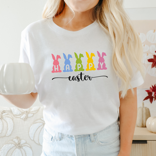 Front view of white Happy Easter Bunny T‑shirt with pastel bunny graphic