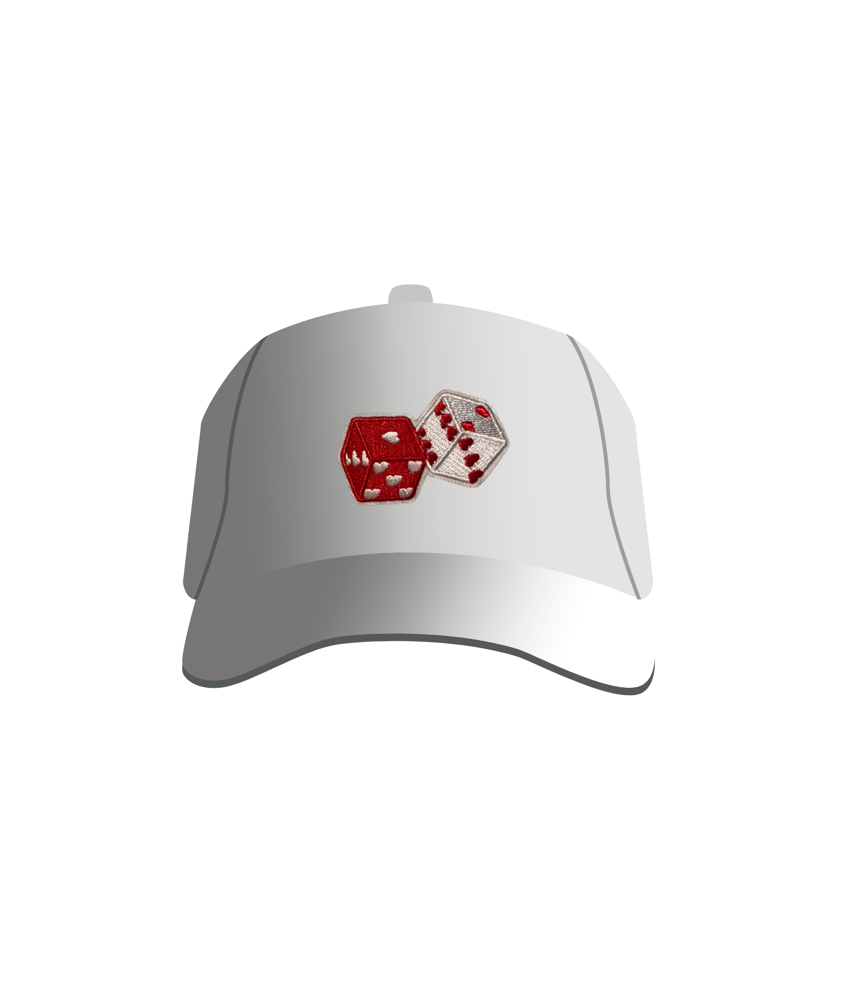 A white baseball cap with a red and white heart-shaped dice embroidered patch on the front.