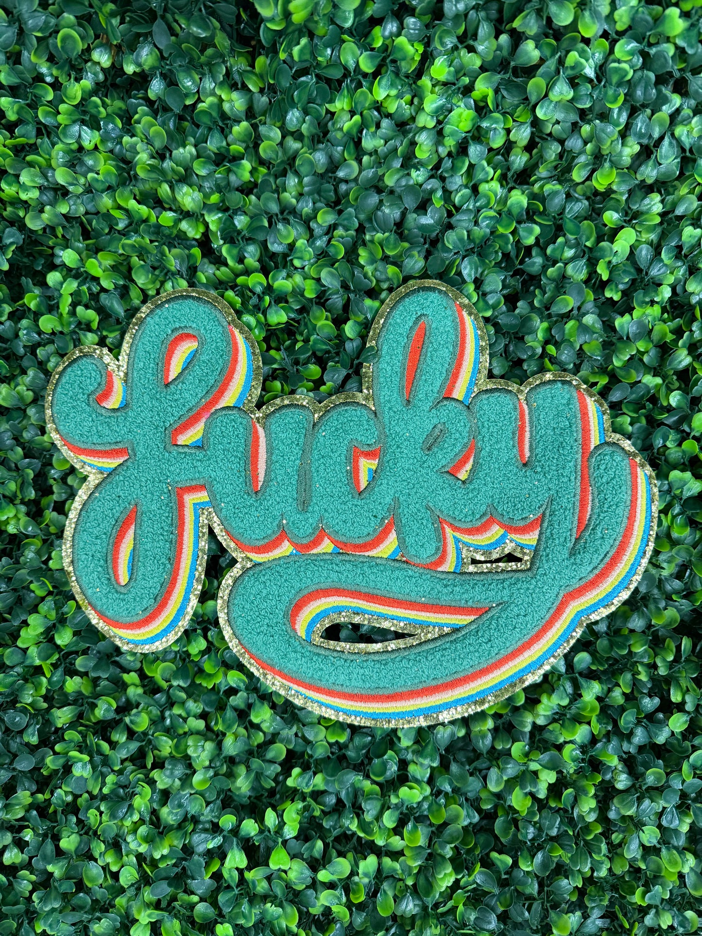 Lucky Rainbow Patch – Retro Lucky Iron-On Patch with Gold Trim | St. Patrick’s Day Embroidered Patch