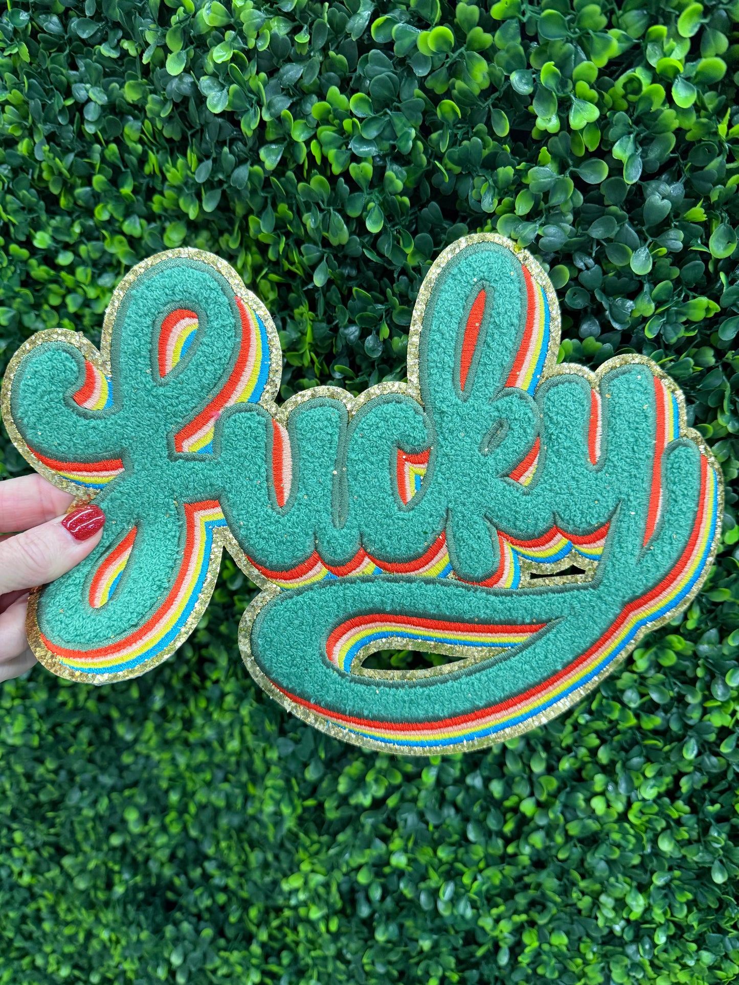Lucky Rainbow Patch – Retro Lucky Iron-On Patch with Gold Trim | St. Patrick’s Day Embroidered Patch