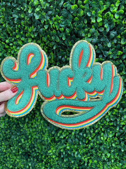 Lucky Rainbow Patch – Retro Lucky Iron-On Patch with Gold Trim | St. Patrick’s Day Embroidered Patch