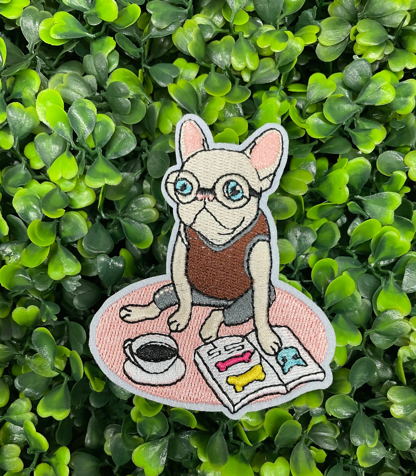 French Bulldog Reading Embroidered Patch