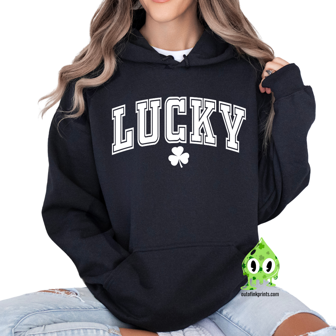 A black hoodie with the text 'LUCKY' and a clover leaf printed above the text.