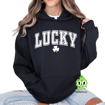 A black hoodie with the text 'LUCKY' and a clover leaf printed above the text.