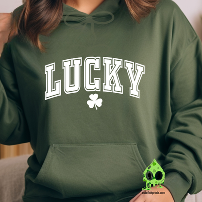A green hoodie with the text 'LUCKY' and a clover leaf printed above the text.