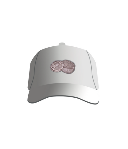 A white baseball cap with a pink blush box patch embroidered on the front.