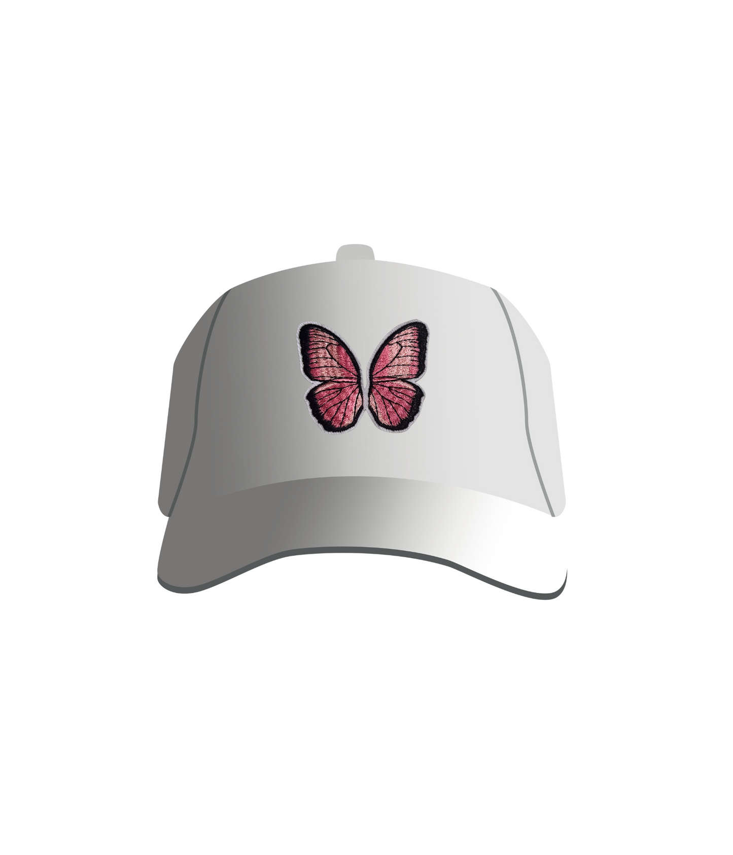 A white baseball cap with a pink embroidered butterfly patch on the front.