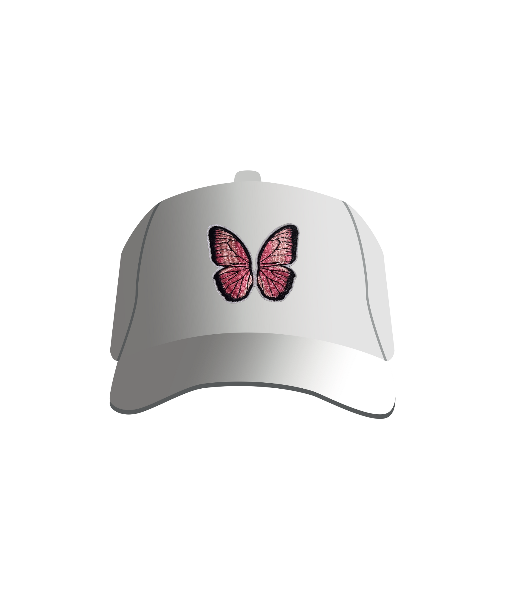 A white baseball cap with a pink embroidered butterfly patch on the front.