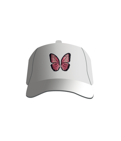 A white baseball cap with a pink embroidered butterfly patch on the front.