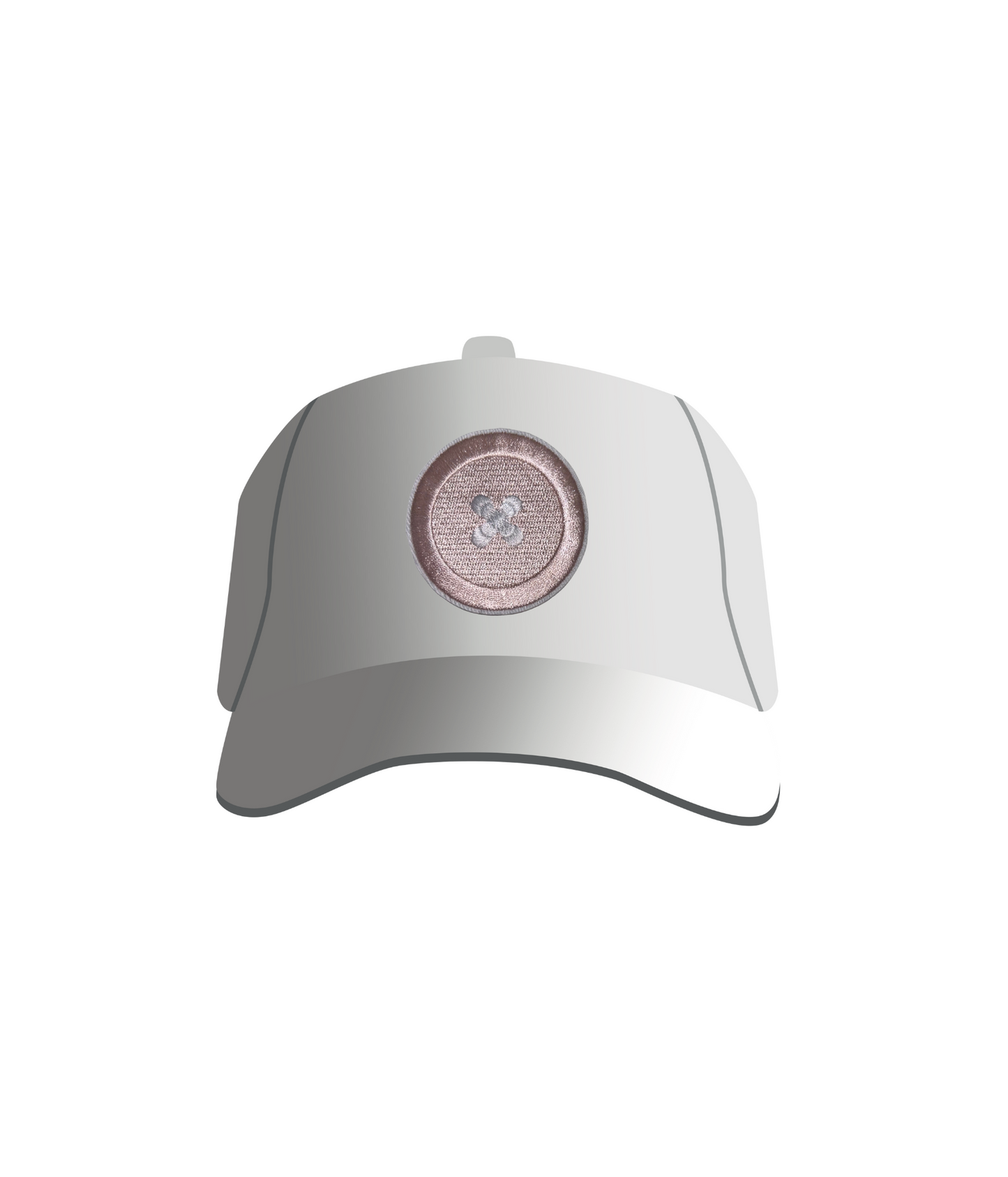 A white baseball cap with a pink button iron-on patch positioned in the center.