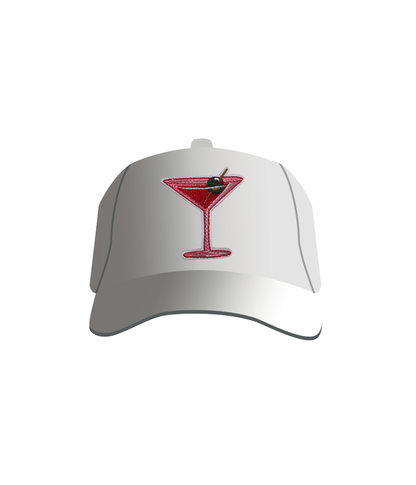 A white baseball cap with a pink embroidered patch depicting a martini glass.