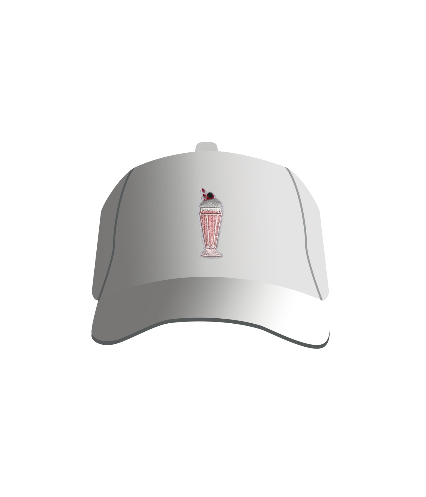 A white baseball cap with a pink milkshake embroidered patch on the front.