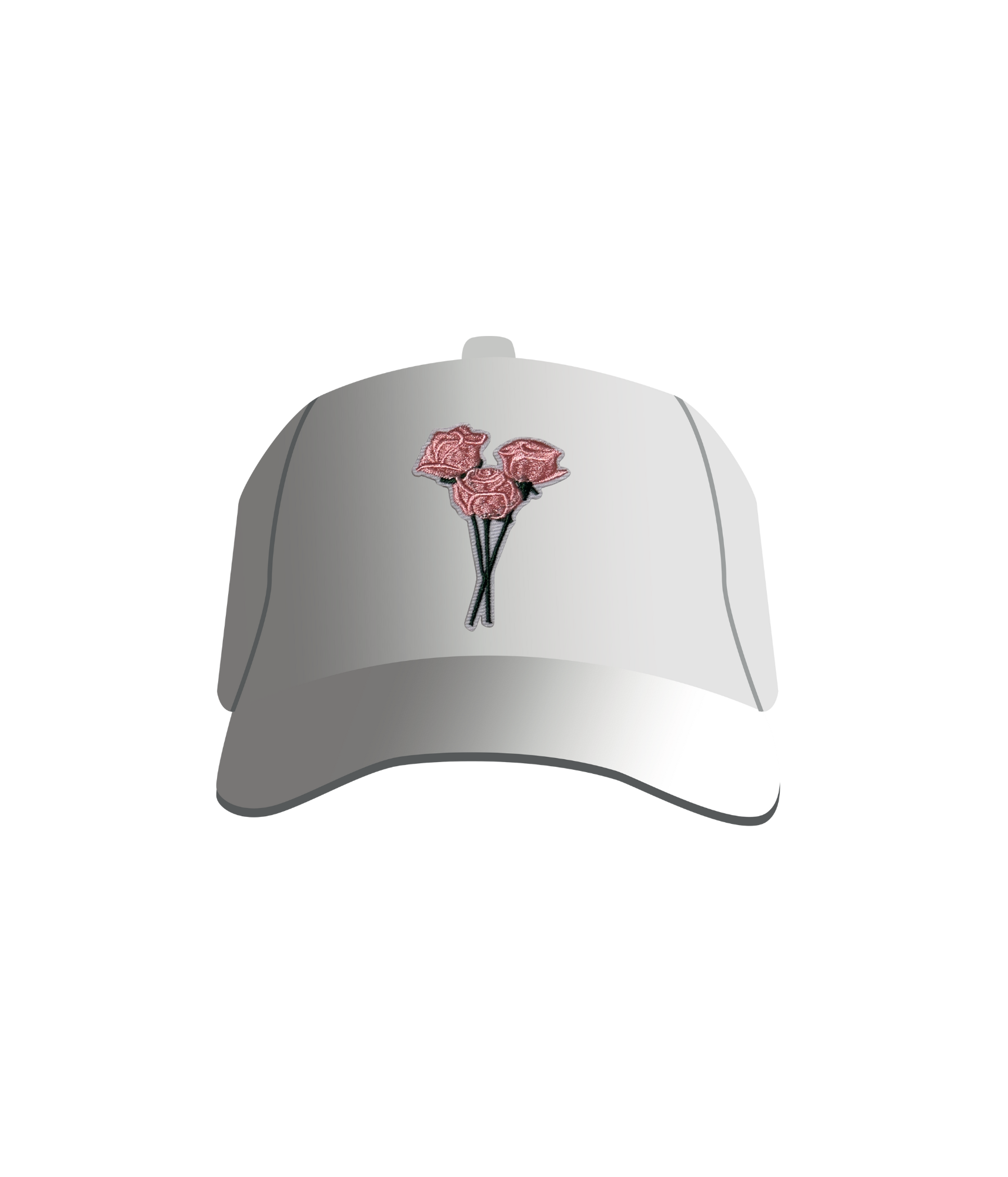 A white baseball cap with a patch of embroidered pink roses on the front.