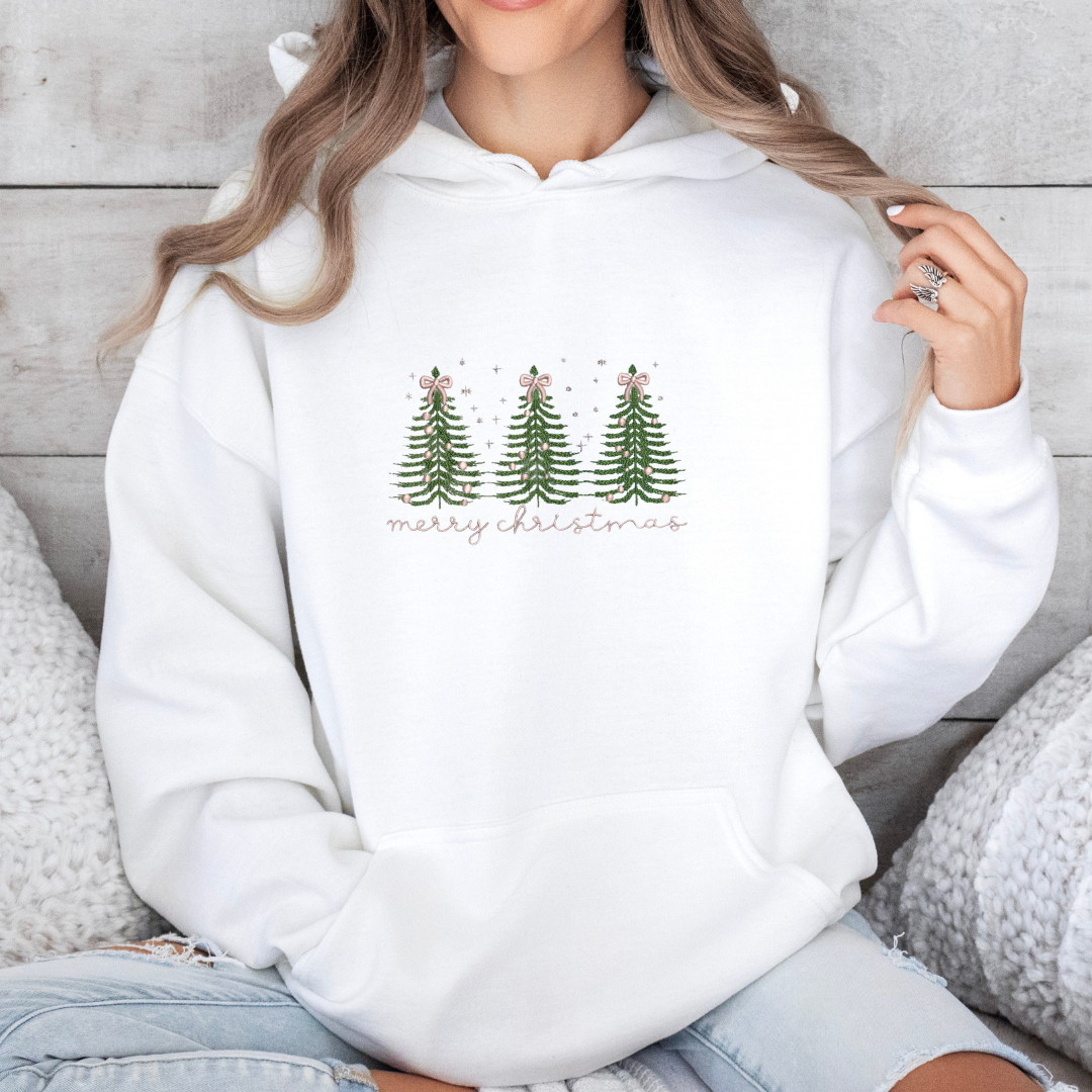 Pink Merry Christmas Trees with Bows Embroidery