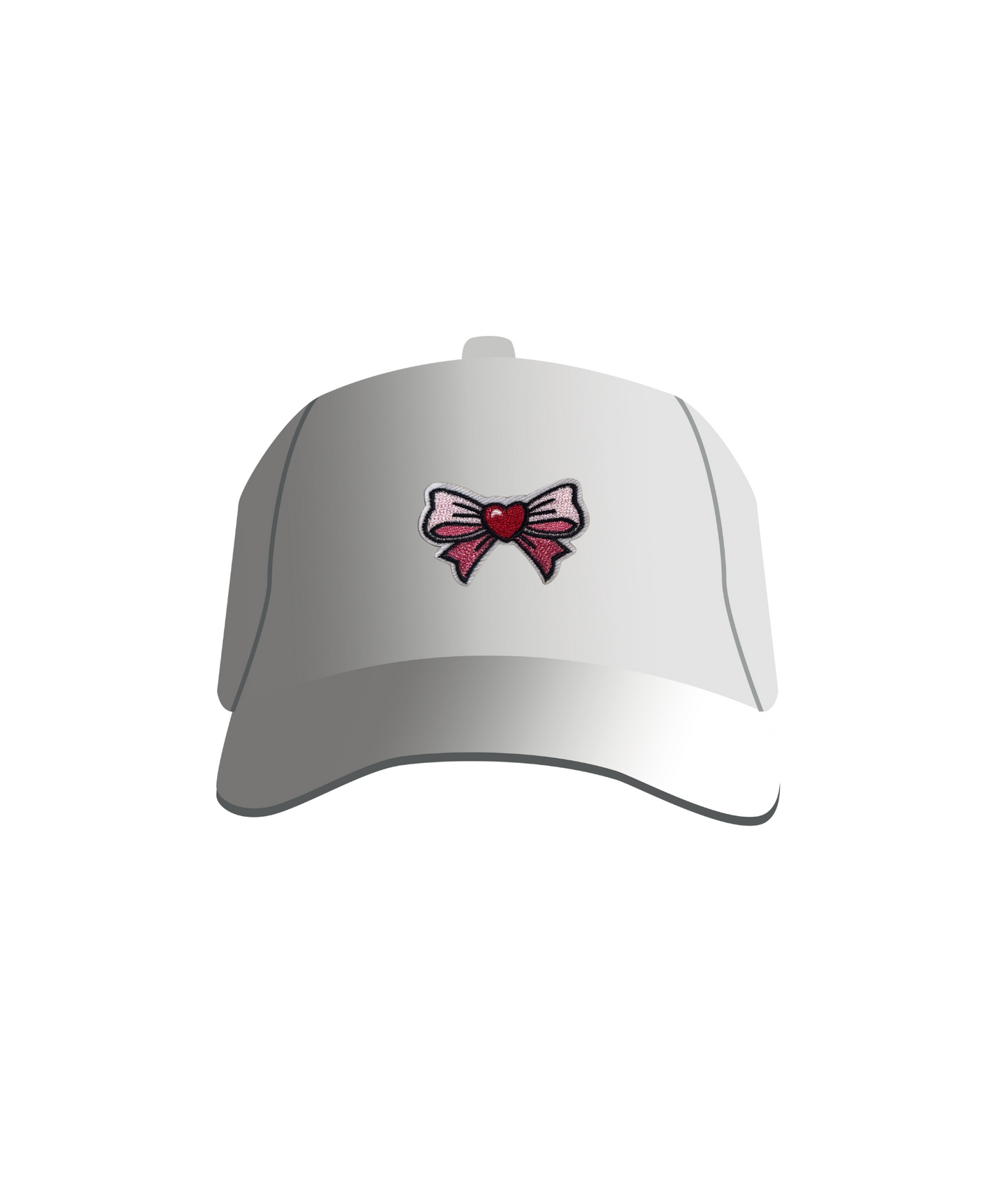 A white baseball cap with a pink bow and red heart embroidered patch on the front.