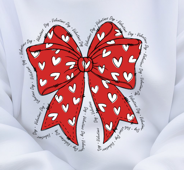 Red bow with white hearts with Valentines Day written all around it. 