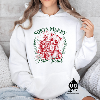 Sorta Merry, Sorta Feral Raccoon Christmas Hoodie
