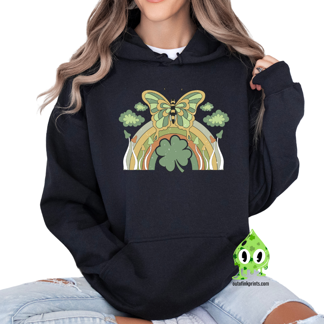 Front view of a black hoodie with a graphic design of a butterfly and rainbow on it, in green, yellow, and orange colors, celebrating St. Patrick's Day.