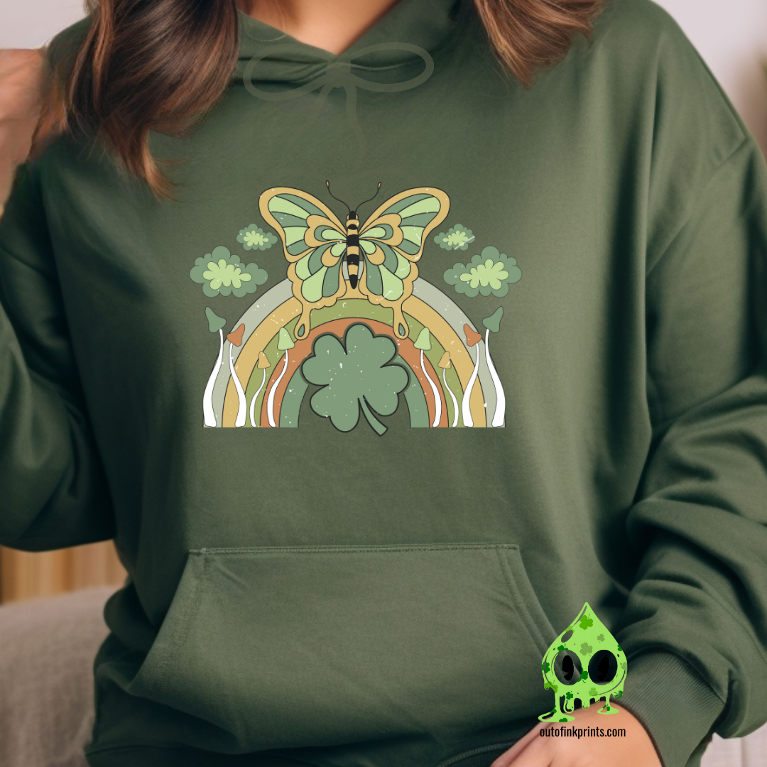 Front view of a green hoodie with a graphic design of a butterfly and rainbow on it, in green, yellow, and orange colors, celebrating St. Patrick's Day.