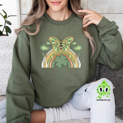 Front view of a green sweatshirt with a butterfly and rainbow design, celebrating St. Patrick's Day.