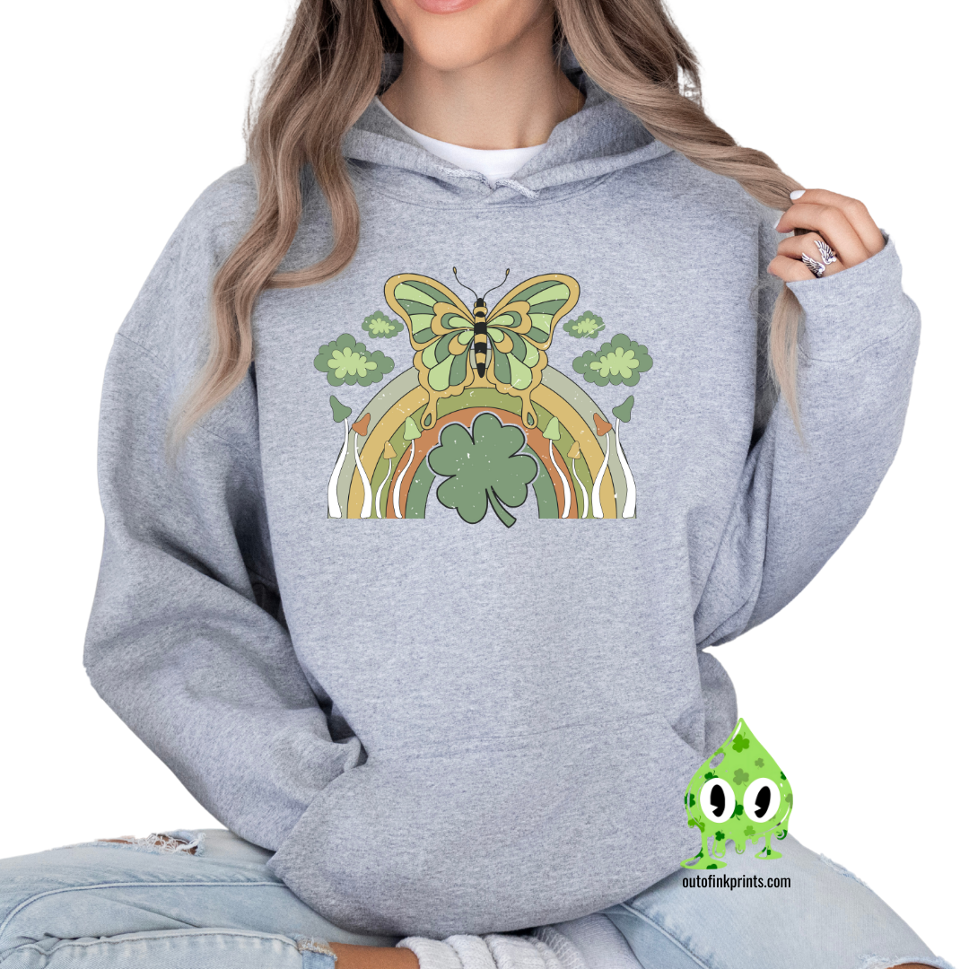 Front view of a grey hoodie with a graphic design of a butterfly and rainbow on it, in green, yellow, and orange colors, celebrating St. Patrick's Day.