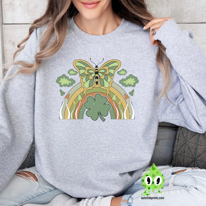 Front view of a grary sweatshirt with a butterfly and rainbow design, celebrating St. Patrick's Day.