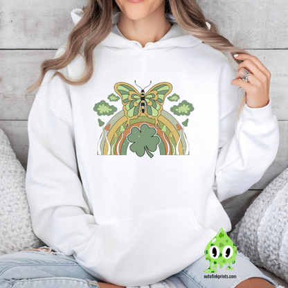 Front view of a white hoodie with a graphic design of a butterfly and rainbow on it, in green, yellow, and orange colors, celebrating St. Patrick's Day.