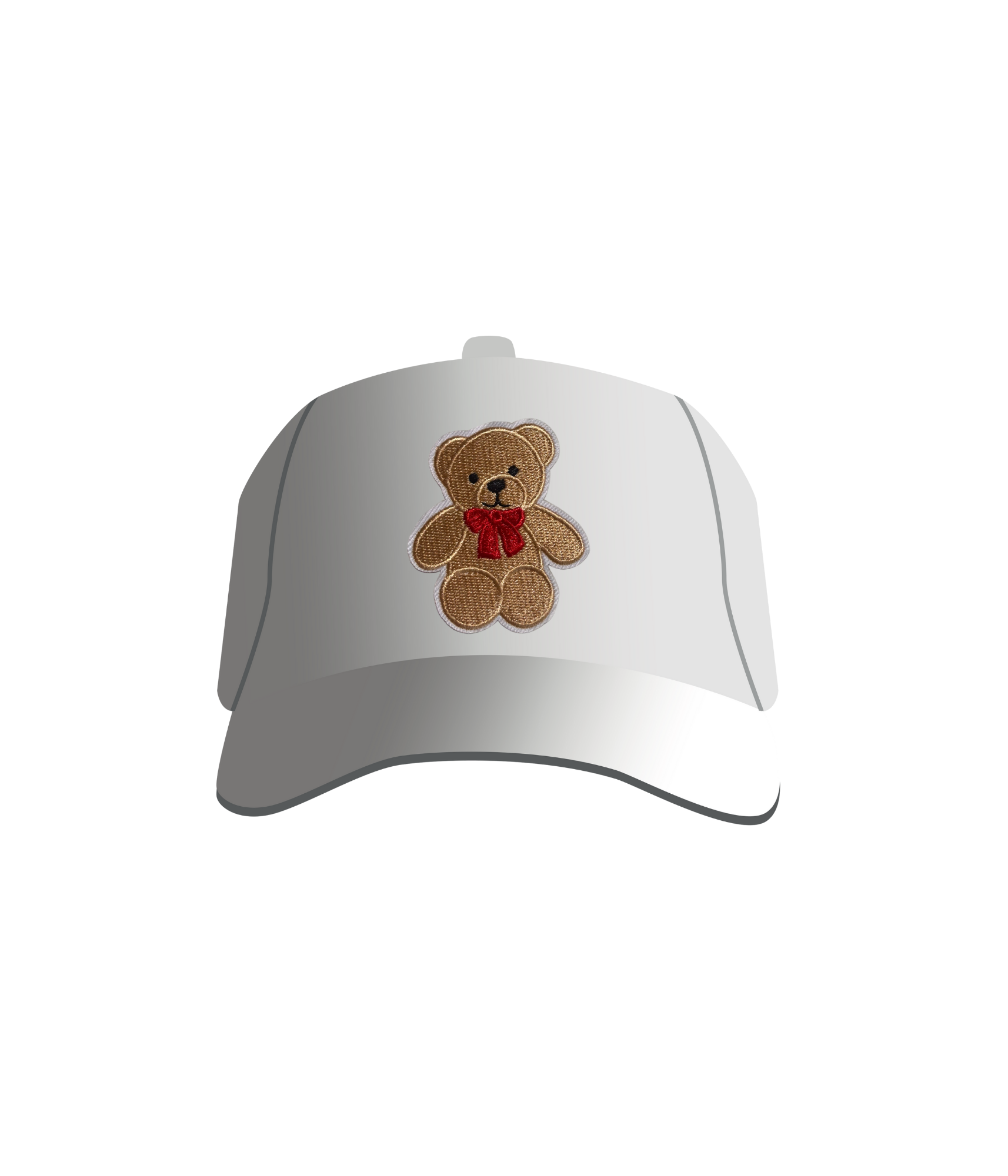 A white baseball cap with a teddy bear embroidered patch on the front.