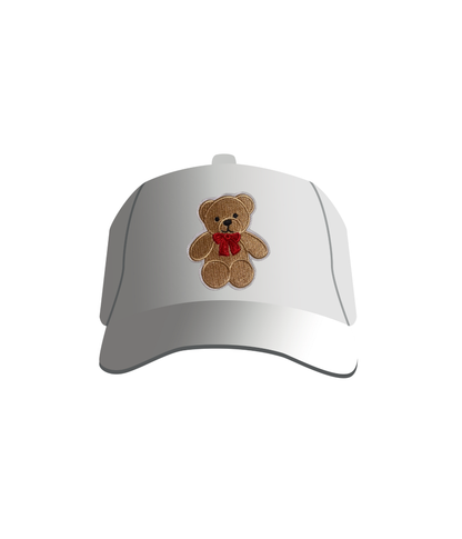 A white baseball cap with a teddy bear embroidered patch on the front.