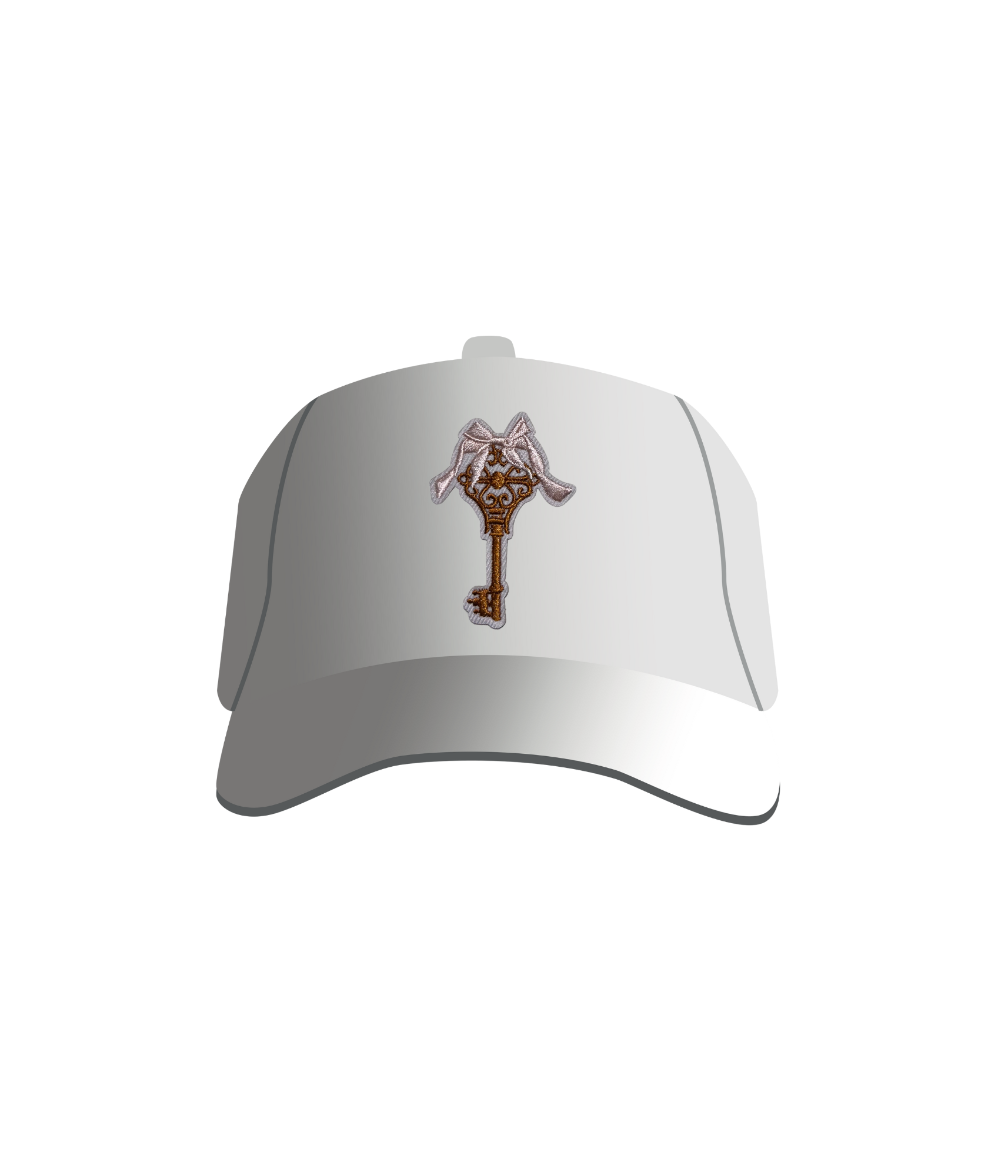 A white baseball cap with a vintage key and bow patch embroidered on the front.